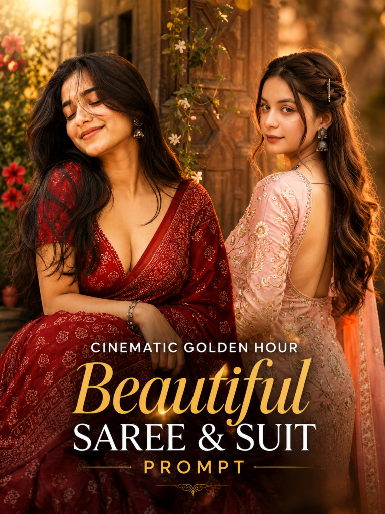 Cinematic Golden Hour Beautiful Saree & Suit Prompt – Create Dreamy AI Photos with a Royal Indian Aesthetic