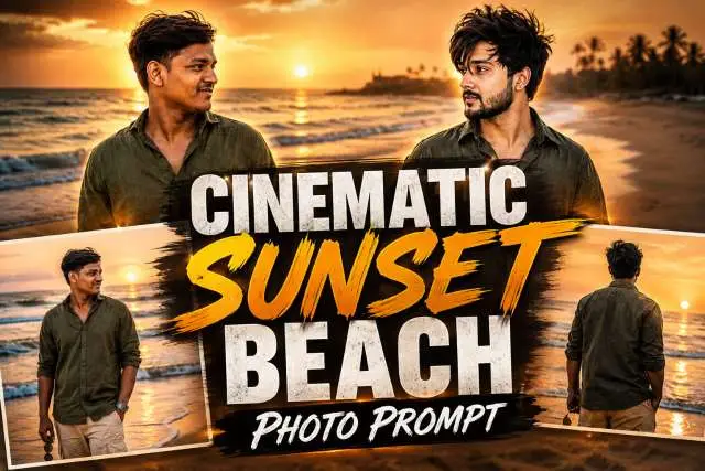 Cinematic Sunset Beach Editing Photo Prompt: Create Stunning Viral Beach Photos with AI
