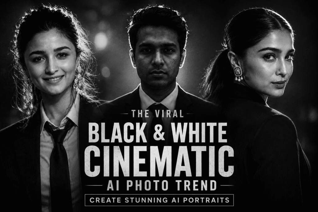 New black and white Cinematic AI photo trend ChatGPT Viral Prompt Photo Editing – Create Stunning AI Photos in Just 1 Click